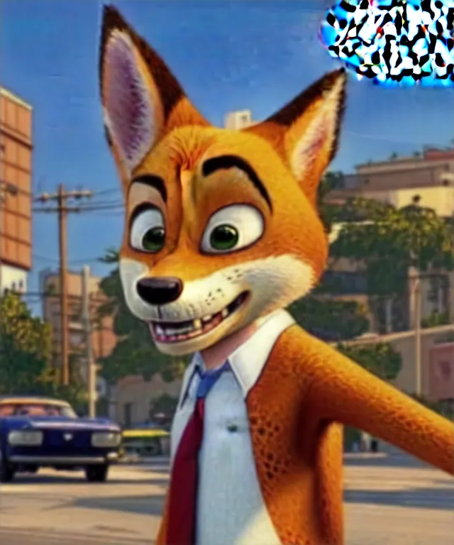 Image similar to Grand Theft Auto: San Andreas loading screen featuring Nick Wilde (from Zootopia)