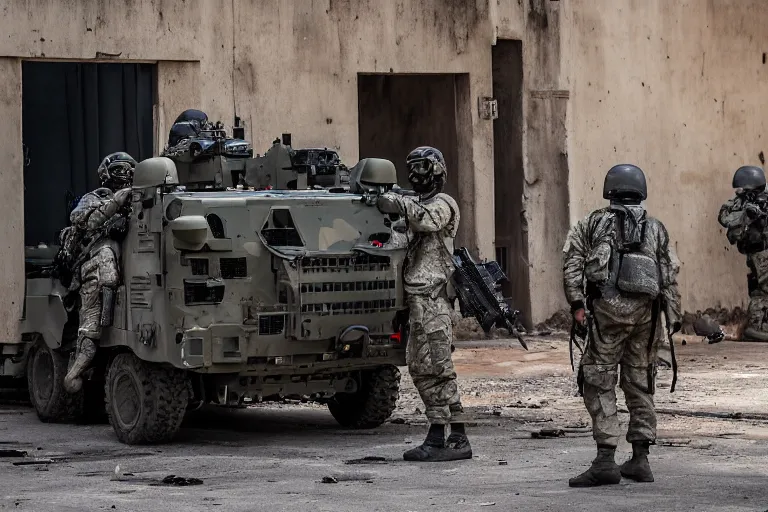 Image similar to Mercenary Special Forces soldiers in grey uniforms with black armored vest and black helmets behind an MRAP in urban warfare in Cambodia as artillery explodes 2022, Canon EOS R3, f/1.4, ISO 200, 1/160s, 8K, RAW, unedited, symmetrical balance, in-frame, combat photography