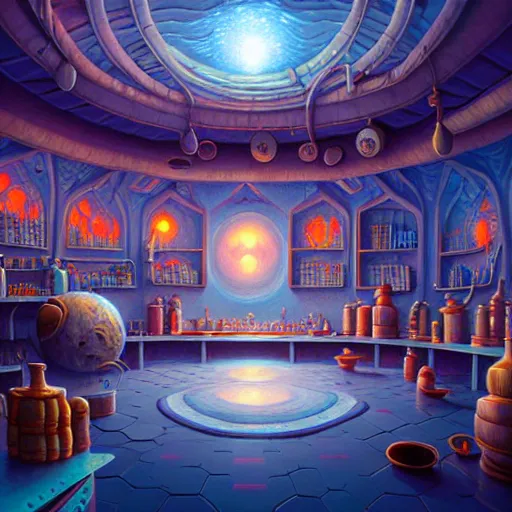 Image similar to beautiful detailed realistic illustration of a wizards laboratory, cinematic, rob gonsalves, paul lehr, john stephens, archan nair, anton fadeev, josan gonzalez, hi - fructose, artgerm, wlop, 8 k