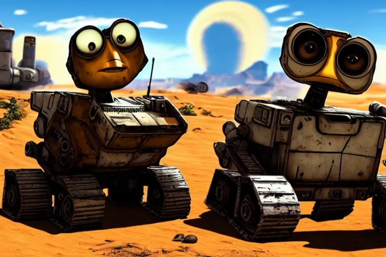 Prompt: wall - e in borderlands style game, heavy detailed, ultra high definition quality, borderlands game engine graphics