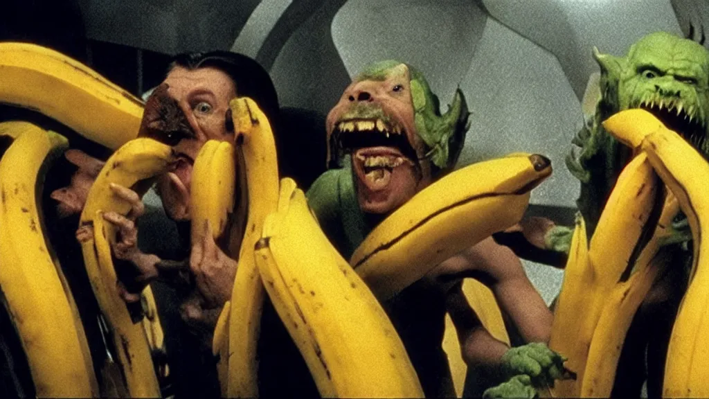 Prompt: giant monsters made of bananas and sharp teeth eating people, star trek, film still from a movie directed by Denis Villeneuve with art direction by Salvador Dalí, wide lens