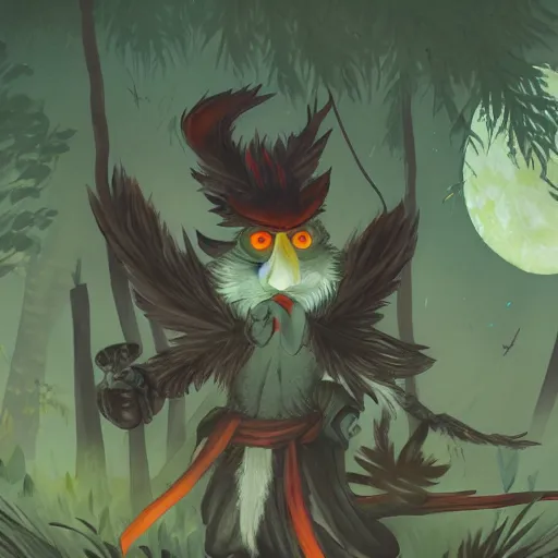 Prompt: Tengu in the forest at night with light of the moon in the background, concept art, 8k, Trending on Artstation, dark colors