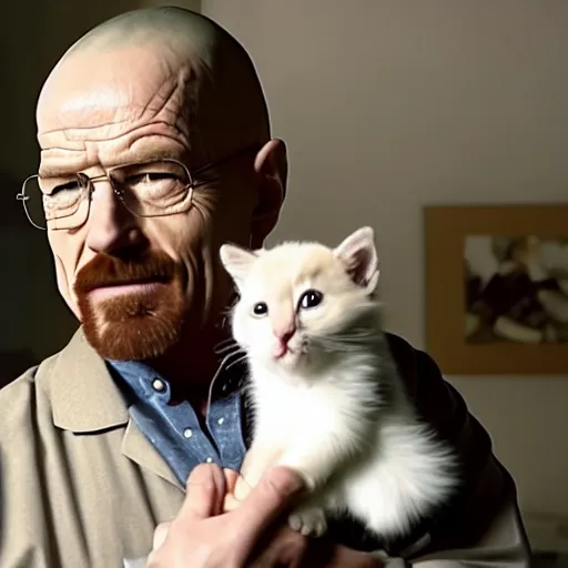 Prompt: a still from breaking bad, of walter white holding a kitten, while smiling, hd 4 k photo