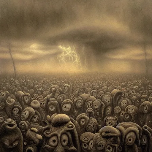 Prompt: a hyperrealistic painting of the dancers at the end of time, stormy skies, vivid color, by john kenn mortensen, highly detailed,