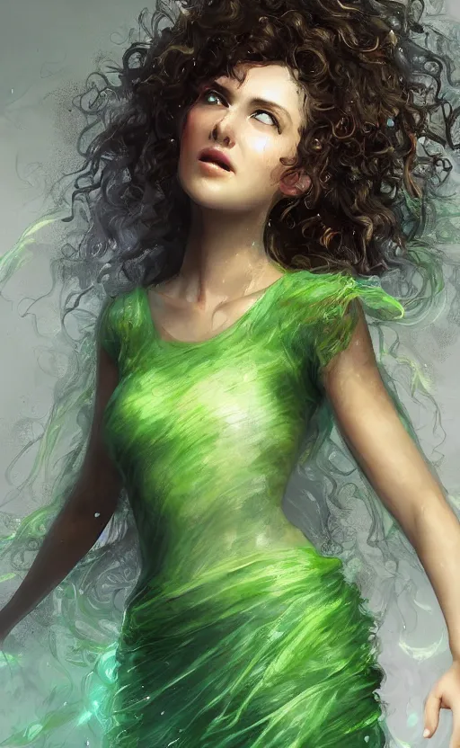 Image similar to a young woman with wild, curly hair and bright green eyes. she's wearing a flowing dress made of light, airy fabric and she has a mischievous look on her face, dynamic lighting, photorealistic fantasy concept art, trending on art station, stunning visuals, creative, cinematic, ultra detailed