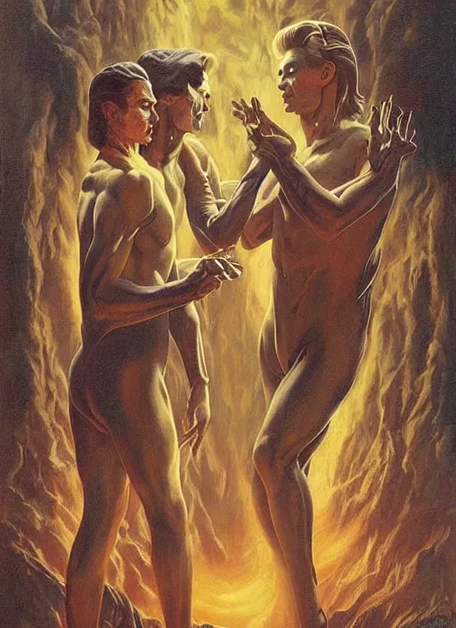 Image similar to twin peaks poster art, david bowie fighting his doppelganger gemini good and evil fantasy by, wayne barlowe, boris vallejo, aaron horkey, gaston bussiere, craig mullins, old retro pulp, by michael whelan, rossetti bouguereau, artgerm, nostalgic, old fashioned