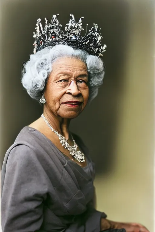 Image similar to a colour photograph of an elderly black lady with grey curly hair, wearing a crown and clothing of Queen Elizabeth the second, 50mm lens, portrait photography, taken by Robert Capa, studio lighting