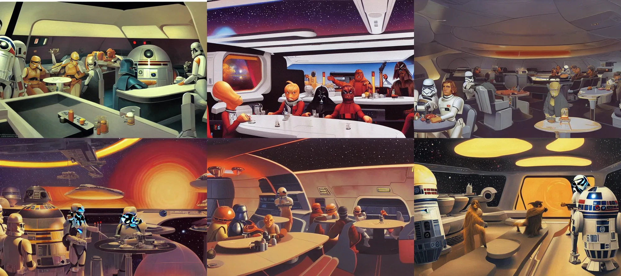 Prompt: star wars diner, space, cosmic, painting by ralph mcquarrie