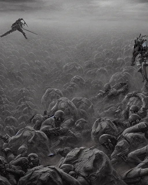 Prompt: a surreal, hellish, and maddening battlefield filled with soldiers fighting a pointless war in the style of zdzisław beksinski in the style of junji ito trending on artstation deviantart pinterest furaffinity detailed realistic hd 8 k high resolution