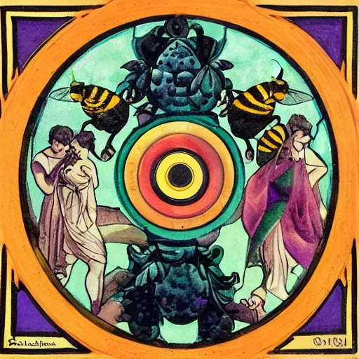 Image similar to a pagan ritual with a bumblebee in the middle of a bullseye of salt, art nouveau