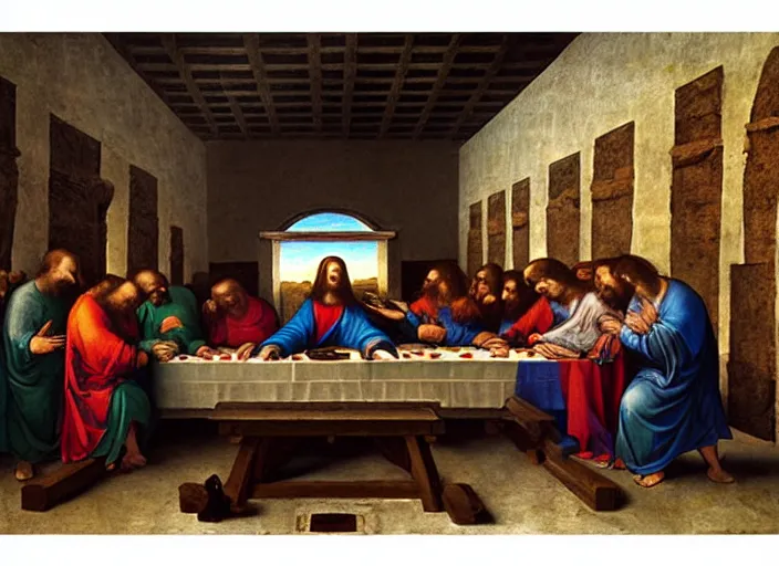 Image similar to Computer LAN party of the last supper painting by Leonardo Da Vinci, oil painting