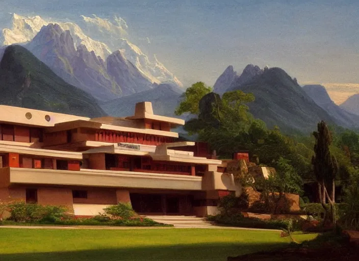 Image similar to painting of a frank lloyd wright house in front of beautiful mountains by thomas cole