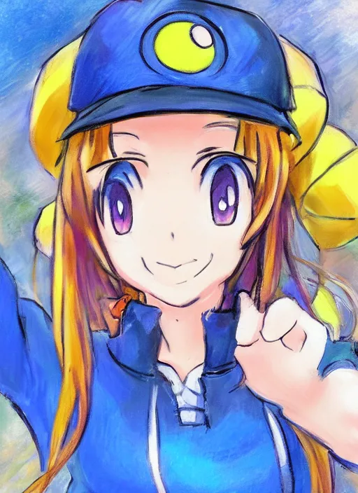 Image similar to a portrait of a female pokemon trainer, blue outfit, very anime in impressionist style, anime trending artwork, anime painter studio, by claude monet