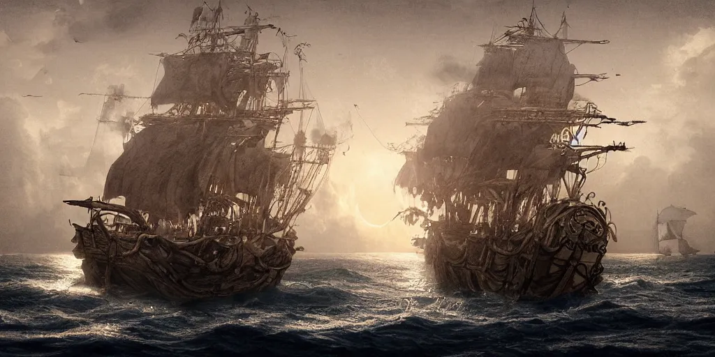 Prompt: an ephemeral ghost ship full of ghost and skereton pirates approaching an inhabited island in the Caribbean at night, an award-winning high-quality digital art, hyperrealistic