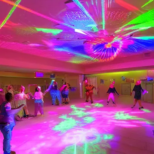 Image similar to nursing home retirement rave party with neon lights & lasers, highly detailed, 8k