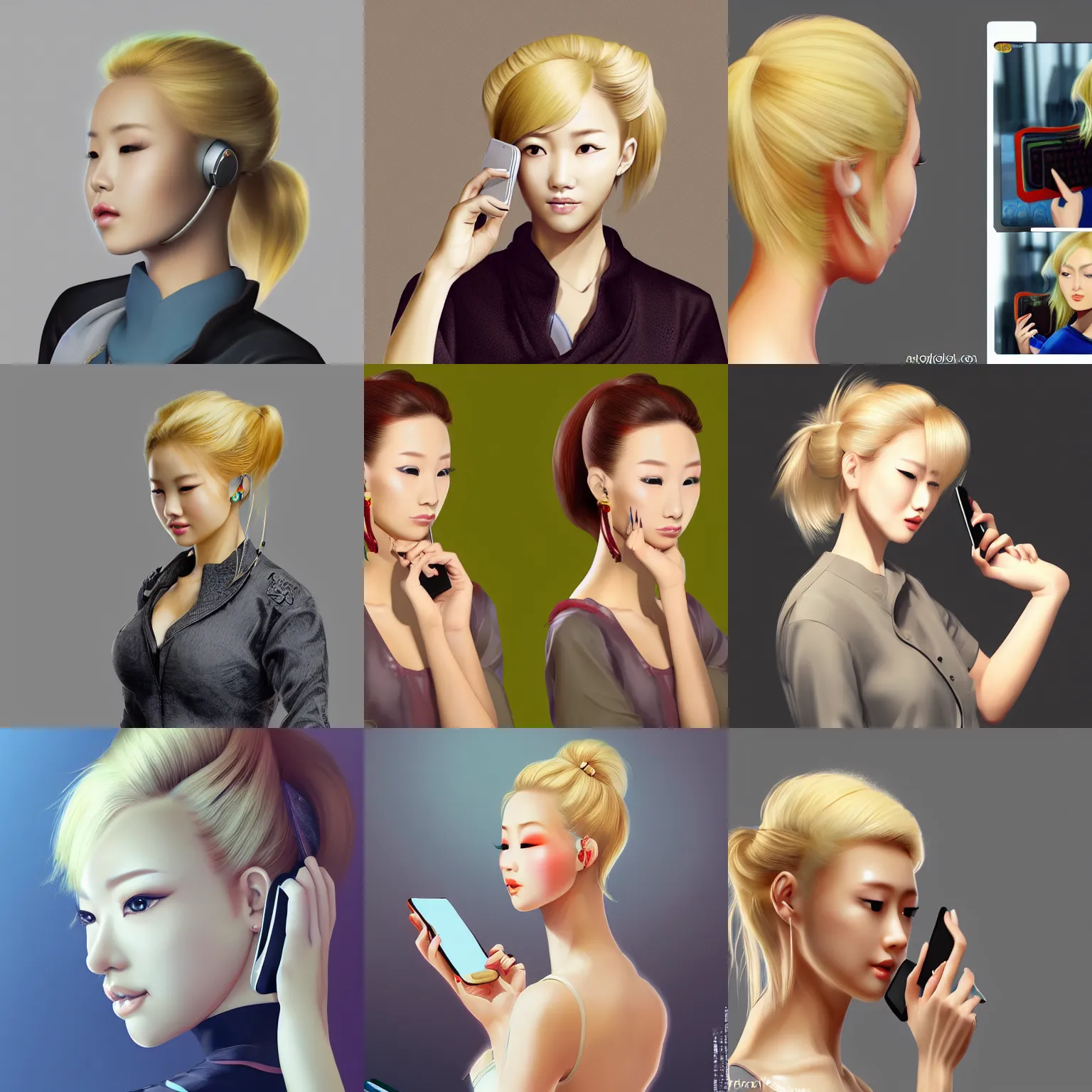 Prompt: blonde updo chinese beauty on the phone to the computer, overhead view, artstation