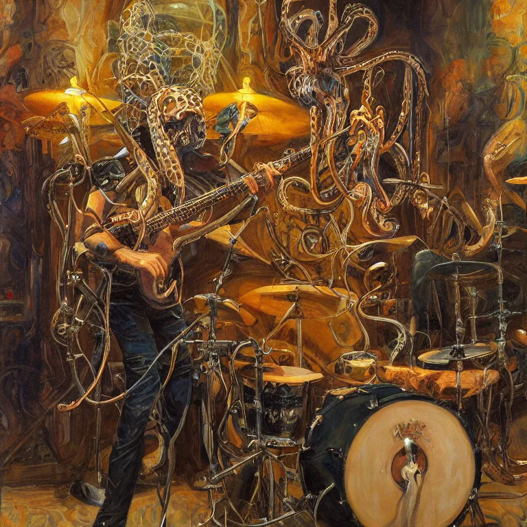 Image similar to a beautiful painting by donato giancola of an octopus playing drums and telecaster guitar in an electronic concert, dark background, concert light, dark mood, warm lights