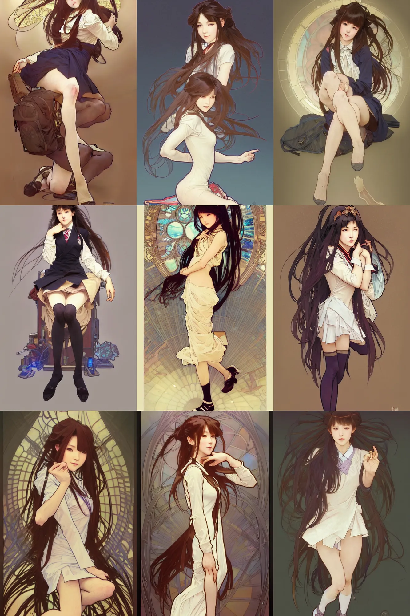 Image similar to a digital concept art by artgerm and greg rutkowski and alphonse mucha. full body!! clear portrait of a squatting attractive japanese school girl in uniform!! sit on floor!! knee length stockings ， school bag, light effect. hyper detailed, character concept, glowing lights!! intricate, elegant, digital painting, artstation, smooth, sharp focus