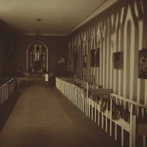 Image similar to creepy church nursery liminal space, dark photograph