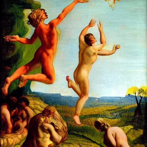 Image similar to Eve star-jumping in the Garden of Eden. God is wearing a concerned frown