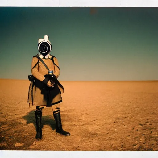 Prompt: an 1 8 0 0's admiral wearing a gasmask, in the desert, film still, arriflex 3 5