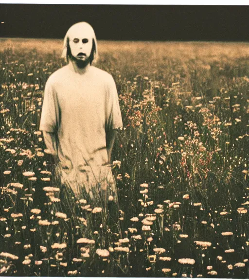 Image similar to mystical death god standing in tall meadow of flowers, distant, vintage film photo, grainy, high detail, high resolution