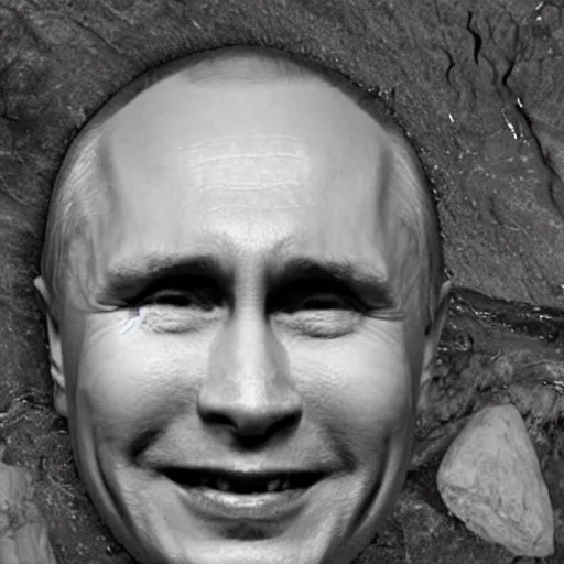 Prompt: photo inside a cavern of a wet reptilian humanoid rapper putin partially hidden behind a rock, with black eyes, open mouth and big teeth