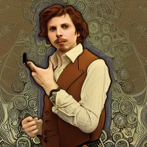 Image similar to a detailed portrait of michael cera as an old west villain, long twirling moustache, by alphonse mucha and arthur mucha, god rays, intricate detail, cinematic, 8 k, featured on artstation, pixiv
