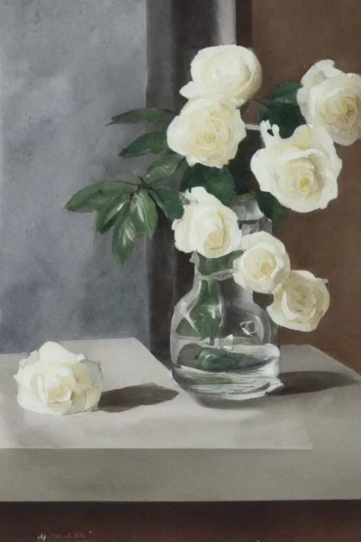 Prompt: white roses and glass vass, water color, dramatic lighting, still life by morandi, detailed