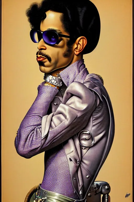 Image similar to prince rogers nelson portrait by gil elvgren and norman rockwell and rob gonsalves and hajime sorayama, hyperrealistic, high detail, ultra detailed, highly detailed face, ruffled fabric