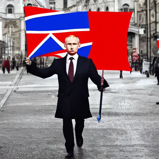 Prompt: Vladimir Putin as the Angel of Death, Holding a ukainian flag, in a apocalyptic City