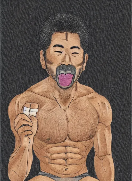 Image similar to muscular man sitting down with a popsicle in mouth, tan skin, stubble, black hair, hairy chest hair, detailed traditional Japanese house, drawn by Tetsuo Hara, 4K