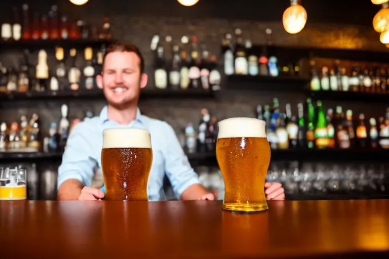 Image similar to a anthropomorphic pint of beer, customer, waits to be served by the bartender