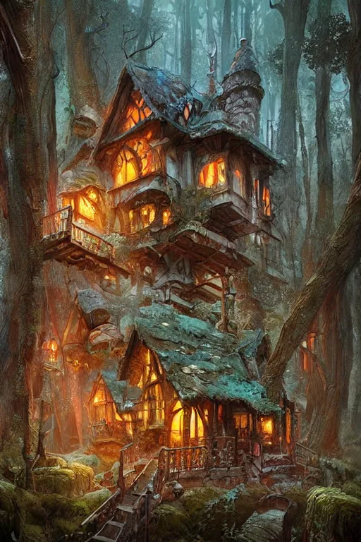 Image similar to a storybook style ramshackle multistory fairytale hut in the forest, by Marc Simonetti, intricate, elegant, fantasy, highly detailed, digital painting, concept art, sharp focus, artstation