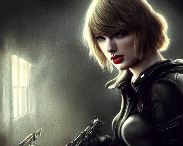 Prompt: a gaming screenshot still portrait of taylor swift in resident evil, deep focus, d & d, fantasy, intricate, elegant, highly detailed, digital painting, artstation, concept art, matte, sharp focus, illustration, dark fantasy style art, hearthstone, art by artgerm and greg rutkowski and alphonse mucha