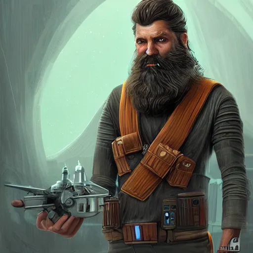 Prompt: Ultrarealistic illustration skinny bearded builder, star wars, sci-fi fantasy,intricate,elegant,highly detailed, digital painting, artstation, concept art