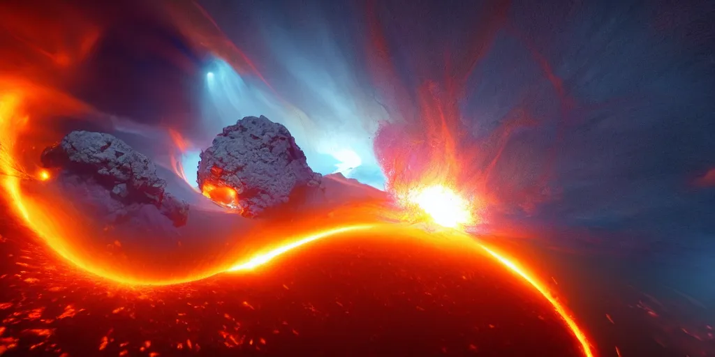 Prompt: inside a solar flare storm within looking from space at exploding volcano in middle of the sea, unreal engine, loish, rossdraws, night lighting, highly detailed, 8 k, octane render