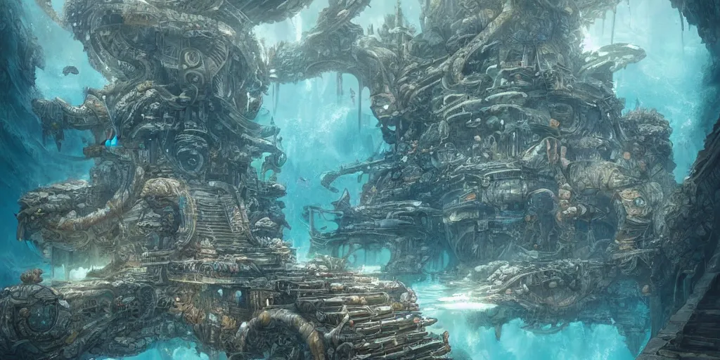 Image similar to masterpiece artwork of a underwater city on a aguarium, hyper detailed, art, trending in artstation, behance, deviantart, art style by kim jung gi and greg rutkowski