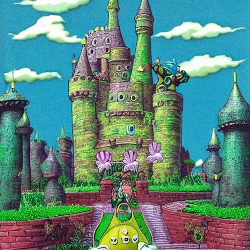 Image similar to anthropomorphic fantasy castle, a castle laughing, organic, bubbly towers and gates, eyes and tongue, surreal, cute artwork by studio ghibli, jim woodring