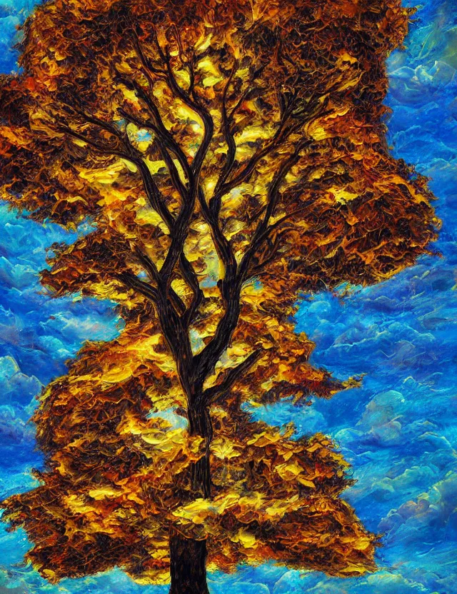 Prompt: tree of knowledge erudite gnostic wisdom, golden boughs and roots, celestial skies and lambent clouds, oil painting award winning, chromatic aberration bright colors