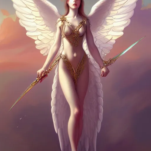 Prompt: Winged girl angel, fantasy, intricate, elegant, highly detailed, digital painting, artstation, concept art, smooth, sharp focus, illustration, art by John Collier and Wenqing Yan and Albert Aublet