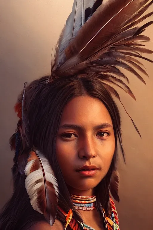 Image similar to portrait of native american indian girl with feathers, staring directly into camera, intricate, elegant, glowing lights, highly detailed, digital painting, artstation, sharp focus, illustration, art by wlop, mars ravelo and greg rutkowski