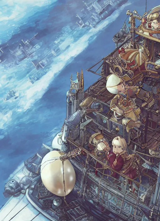 Image similar to character portrait of the pearl herald on an imperial airship, hidari, color page, tankoban, 4K, tone mapping, Akihiko Yoshida.