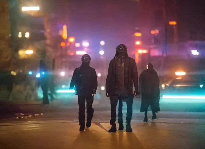 Prompt: First Official image from Denis Villeneuve's new sci-fi film Allegheny, starring Wiz Khalifa as a futuristic police officer in neon-lit nighttime Pittsburgh, filmed by Greig Fraser on Alexa LF. Gorgeous cinematography, shadows, diffused colored gel lighting, film grain, Criterion Collection