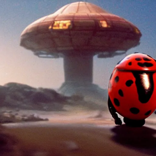 Prompt: film still, baby evil ladybugs, ladybug quadruped with big rgb eyes, huge ladybug mothership, epic road - trip, dramatic lighting, ( e. t. the extra - terrestrial ), batteries not included, harry potter, imax, 7 0 mm.