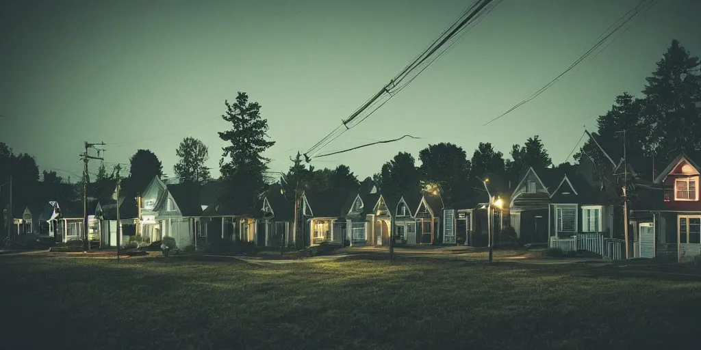 Prompt: small suburban houses in America at night by Wes Anderson, fantasy, moody lighting, dark mood, imagination, cinematic