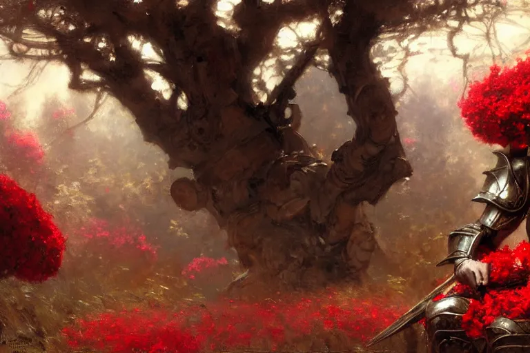 Image similar to winter, a tired male warrior wearing armor relaxing under a huge tree with red flowers, long shot, fantasy, painting by gaston bussiere, craig mullins, j. c. leyendecker, trending on artstation