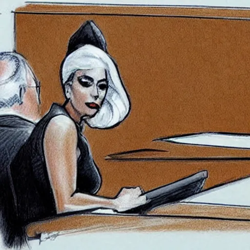 Prompt: courtroom sketch of lady gaga in the witness stand pointing at the hamburgler who is sitting at the defendant ’ s table