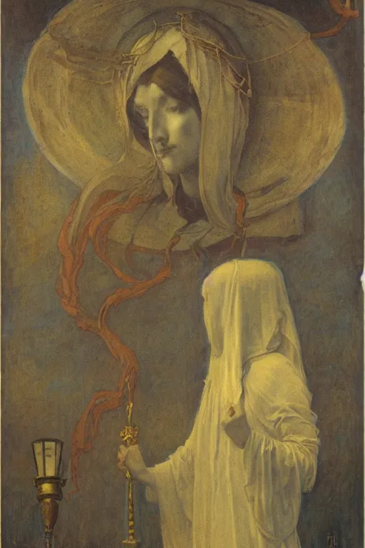 Image similar to queen of the fog with her lantern by Annie Swynnerton and Nicholas Roerich and jean delville, strong dramatic cinematic lighting , ornate headdress , lost civilizations, smooth, sharp focus, extremely detailed
