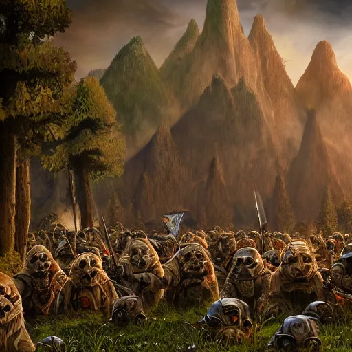 Image similar to Ewoks in masonic lodge during a medieval battle, warcraft style, realistic 4k octane beautifully detailed render, 4k post-processing, highly detailed, intricate complexity, epic composition, magical atmosphere, cinematic lighting, masterpiece, ultra hd